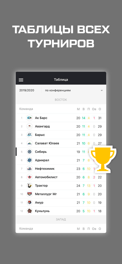 Tableau des classements de la ligue de hockey KHL indiquant les points et les classements des équipes.
