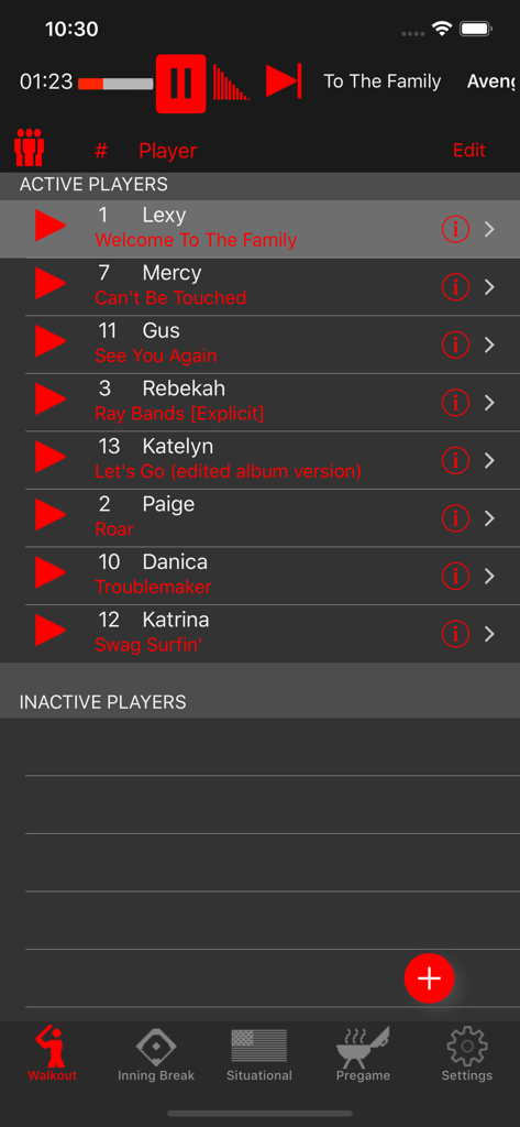 Walkout Song DJ - Interface of the Walkout Song DJ app showing a list of active players and their assigned walkout songs