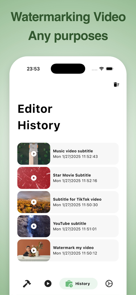 VidSub: Video Subtitle Creator - Interfaz de la aplicación VidSub que muestra una lista de proyectos recientes de subtítulos y marcas de agua en la pantalla de historial del editor.