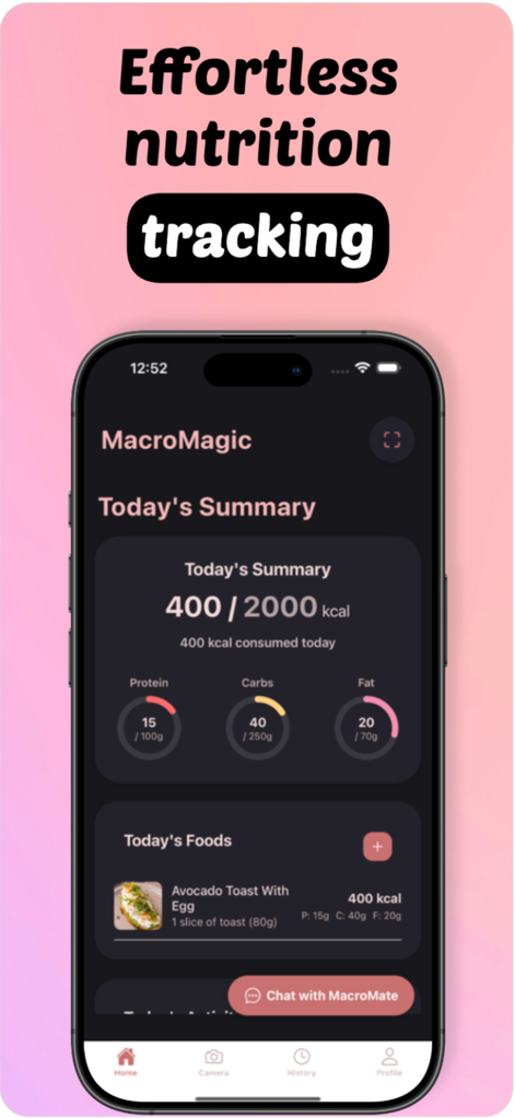 Calories AI: MacroMagic - Dashboard of Calories AI MacroMagic app displaying daily calorie and macro summaries