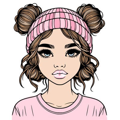 realistic girl with buns in her hair with a beanie on