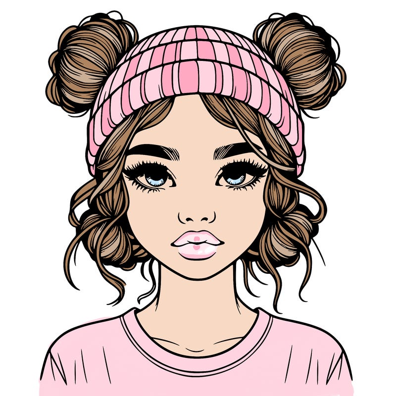 realistic girl with buns in her hair with a beanie on
