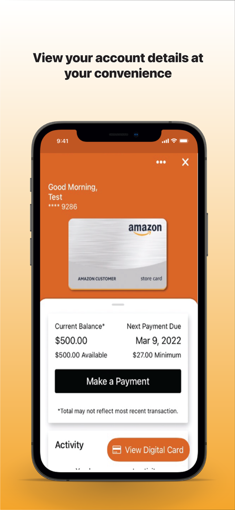 Panel de la aplicación Tarjeta de Tienda Amazon que muestra el saldo de la cuenta y la información de la fecha de pago.
