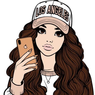 realistic beautiful girl wearing los ángeles cap holding an iphone