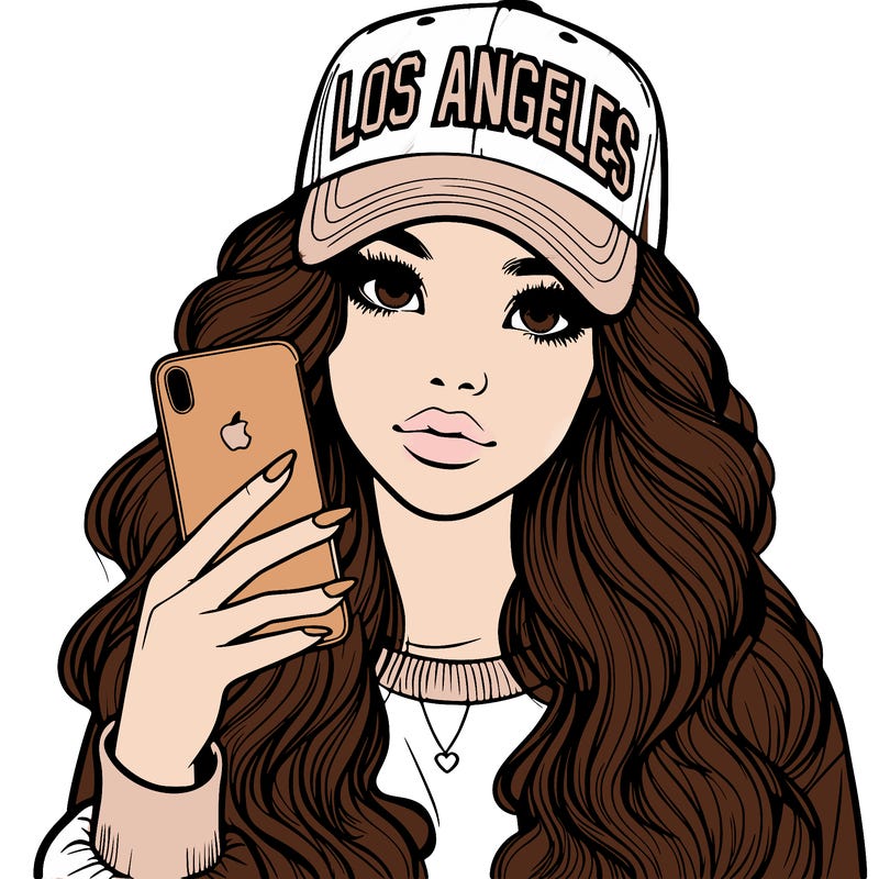 realistic beautiful girl wearing los ángeles cap holding an iphone
