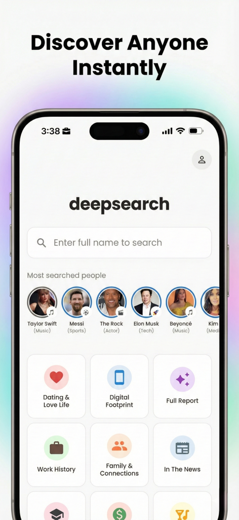 DeepSearch – AI People Search - The home screen of the DeepSearch AI people search app featuring a search bar and various search categories.