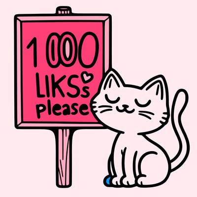 a cat next to a sign that says 100 likes please