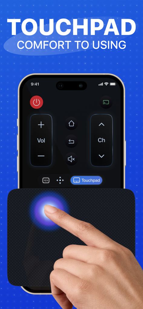 TV Remote for Smart TVs - A hand using the large touchpad feature on the smart TV remote app interface for intuitive navigation