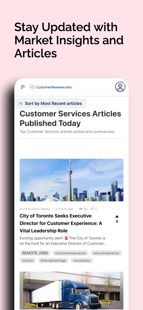 Customer Service Remote Jobs - Screenshot des Abschnitts Markt-Einblicke und Artikel in der App Customer Service Remote Jobs, der Branchennachrichten und Führungspositionen zeigt.