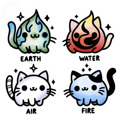 4 cats that represent the different elements, earth, water, air, and fire