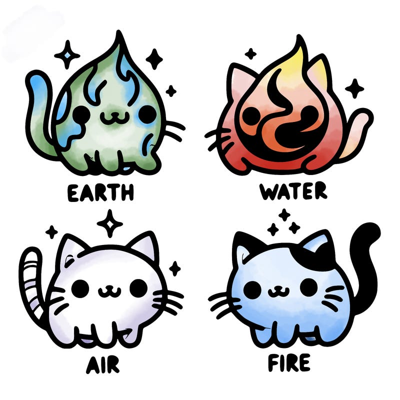 4 cats that represent the different elements, earth, water, air, and fire