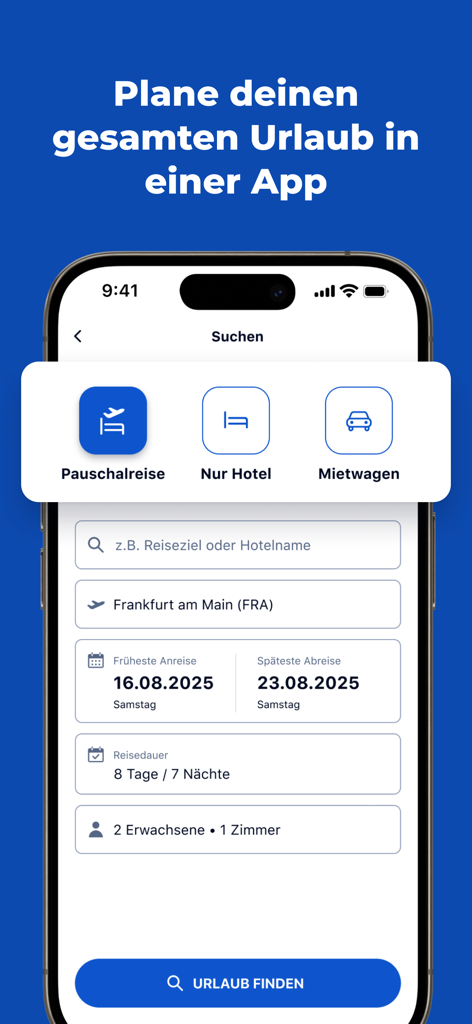 HolidayCheck - Travel & Hotels - Interfaz de la aplicación móvil HolidayCheck para planificar paquetes vacacionales y hoteles