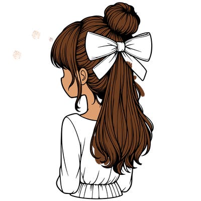 realistic girl  with hip length hair a bun and a big bow on the back of head
