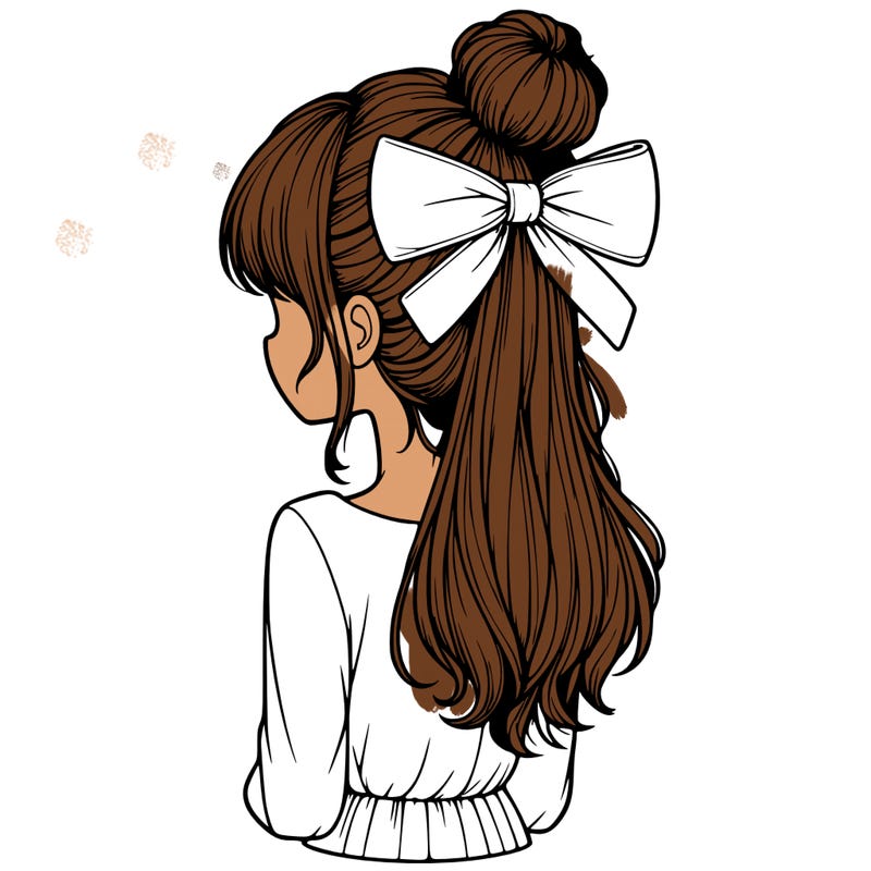 realistic girl  with hip length hair a bun and a big bow on the back of head