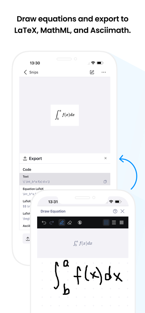 Handwritten math equation being converted to digital formats in Mathpix Snip