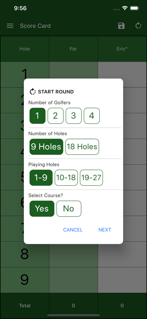 Start Round setup screen for EasyScore Golf Scorecard app showing options for number of golfers and holes.