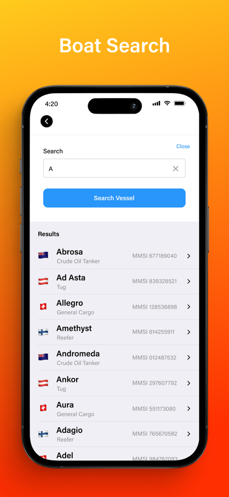 AIS Explorer - Interfaz de la aplicación móvil AIS Explorer que muestra resultados de búsqueda de varios buques marítimos, incluidos petroleros y remolcadores.
