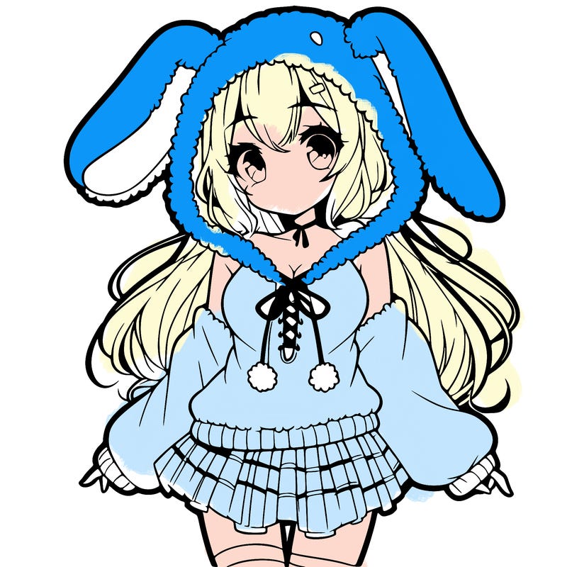 pretty anime girl wearing a fluffy hoodie with bunny ears on the hood and a skirt