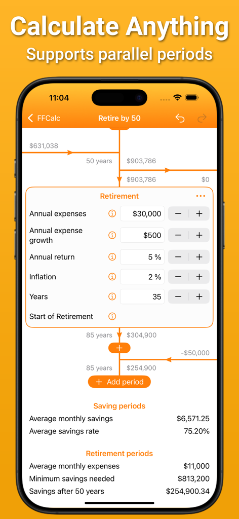 FFCalc app interface showing a detailed retirement scenario with customizable financial variables.