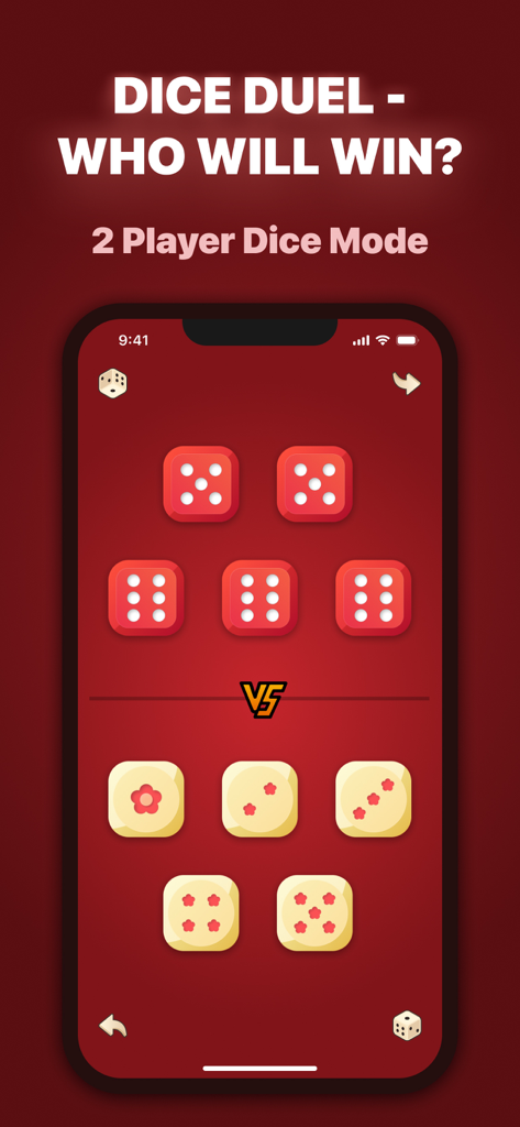 Dice Dice! - Dice Duel 2 player mode interface with custom red and flower dice skins