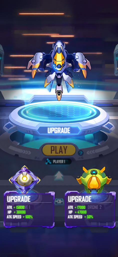 Wind Wings: Space Shooter - Una pantalla que muestra opciones de mejora para la nave espacial principal y dos drones de combate asistentes en Wind Wings Space Shooter.