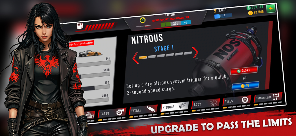 Nitrous system upgrade menu in Nitro Speed Drag Racing NS game with character and performance stats.