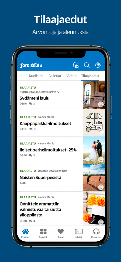 Järviseutu - Mobile screen of the Jarviseutu news app showing a list of subscriber benefits and local discounts