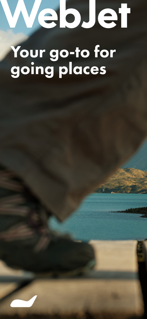 Webjet - Écran de démarrage de l'application Webjet avec le slogan « Votre solution idéale pour voyager au-dessus d'un paysage montagneux pittoresque ».