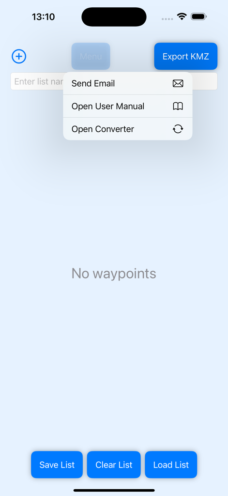 Waypoint Creator - Waypoint Creator 앱의 메인 메뉴 인터페이스, KMZ 내보내기 및 목록 관리 옵션 포함