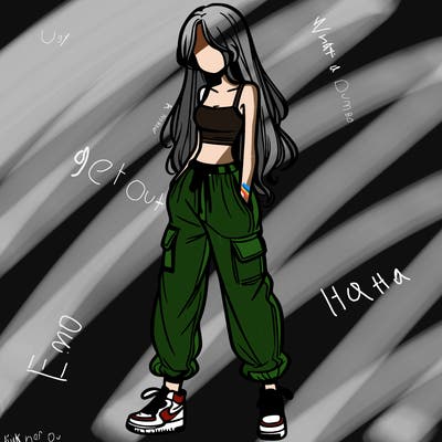 girl in baggy pants crop top and long hair