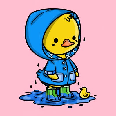 baby duck in a rain coat and boots, in a puddle while it’s raining