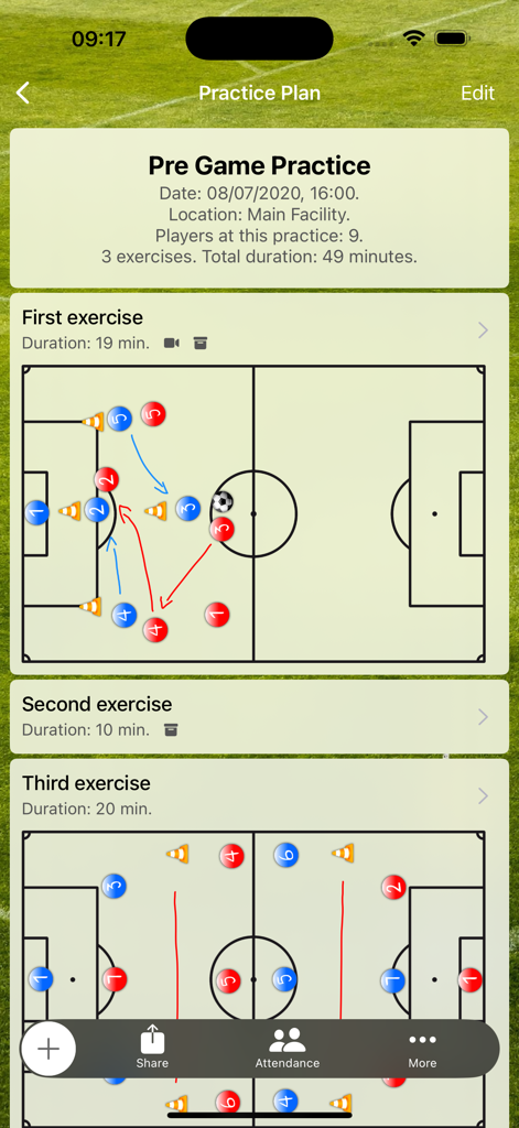 Soccer practice planning screen showing tactical exercise diagrams and drill durations