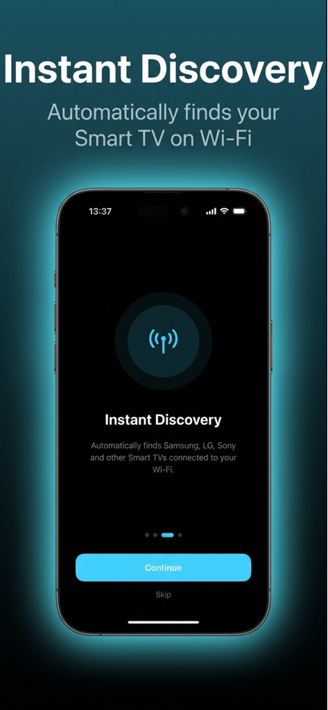 Instant discovery screen of the TV Remote Control Stick app automatically finding Smart TVs on Wi-Fi