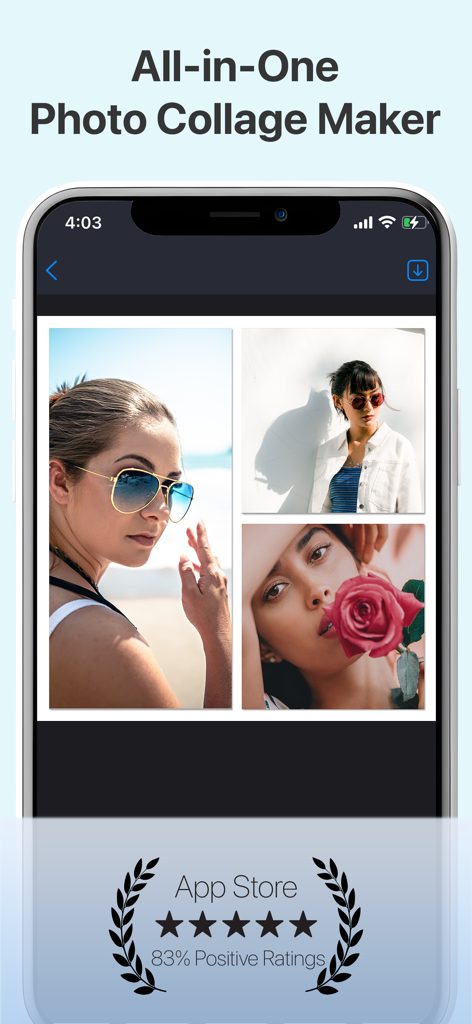 3枚の写真グリッドとApp Storeでの高い評価が表示された、フォトコラージュメーカーのアプリインターフェースのスマートフォン画面。