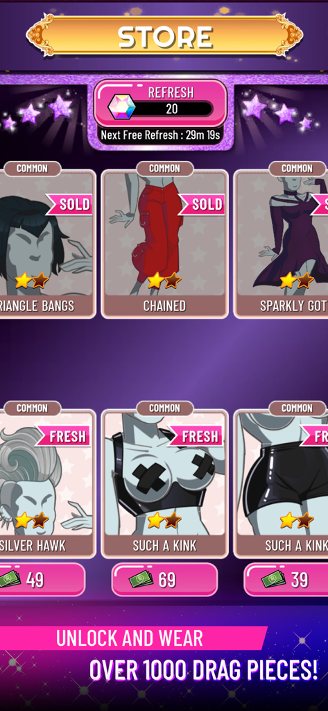 RuPaul's Drag Race Superstar - La boutique du jeu de RuPaul's Drag Race Superstar montrant diverses pièces de mode drag et tenues disponibles à l'achat avec des Werk Coins.