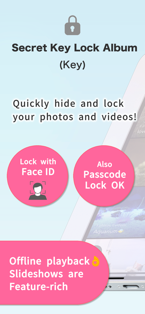 Secret Key Lock Album - Secret Key Lock Album app interface highlighting Face ID and passcode security for private photos and videos
