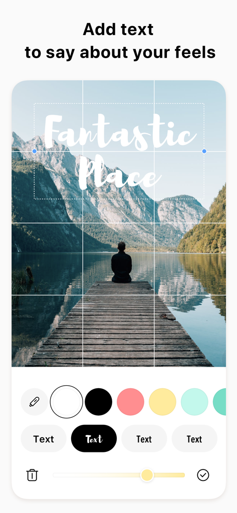 Pic Collage Post for Instagram - Interface of the Pic Collage app showing text options to add to a scenic mountain lake grid photo