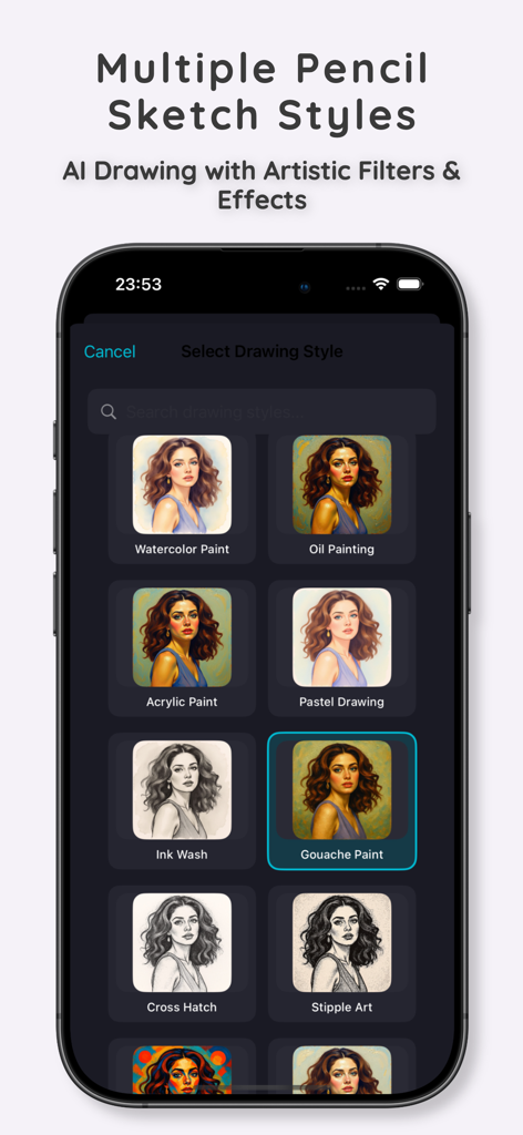 Pantalla de la aplicación móvil que muestra una selección de estilos de dibujo con IA como acuarela, pintura al óleo y bocetos a lápiz
