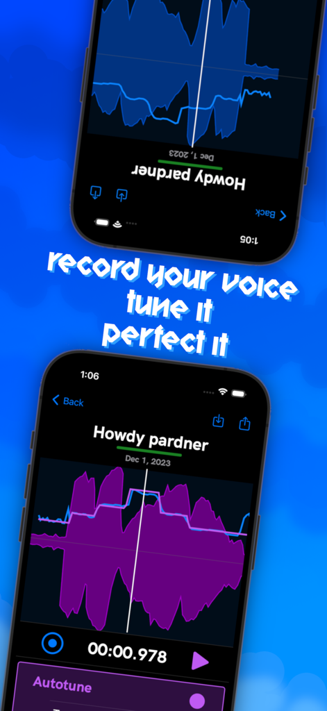 Harmonize Vocal Tuner - Application Harmonize Vocal Tuner affichant des formes d'onde audio violettes et bleues avec des outils de réglage de hauteur.