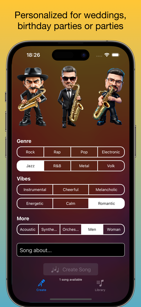 Interfaz de la aplicación móvil djAI que muestra opciones para seleccionar el ambiente de género musical y voces para la creación de canciones con IA