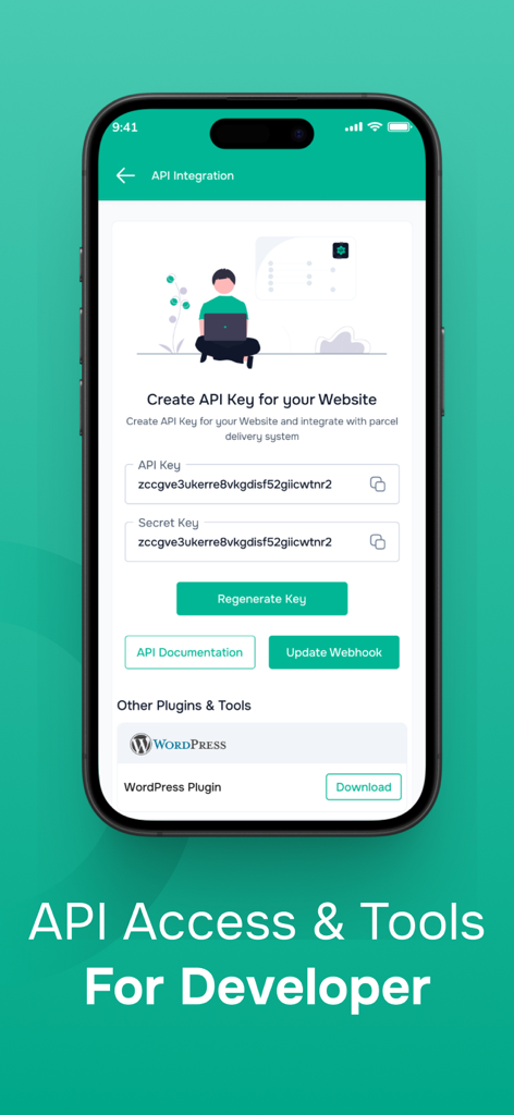 SteadFast Merchant - SteadFast Merchant 앱 화면에 API 키 생성 및 WordPress 플러그인 다운로드를 포함한 개발자 도구가 표시됩니다.