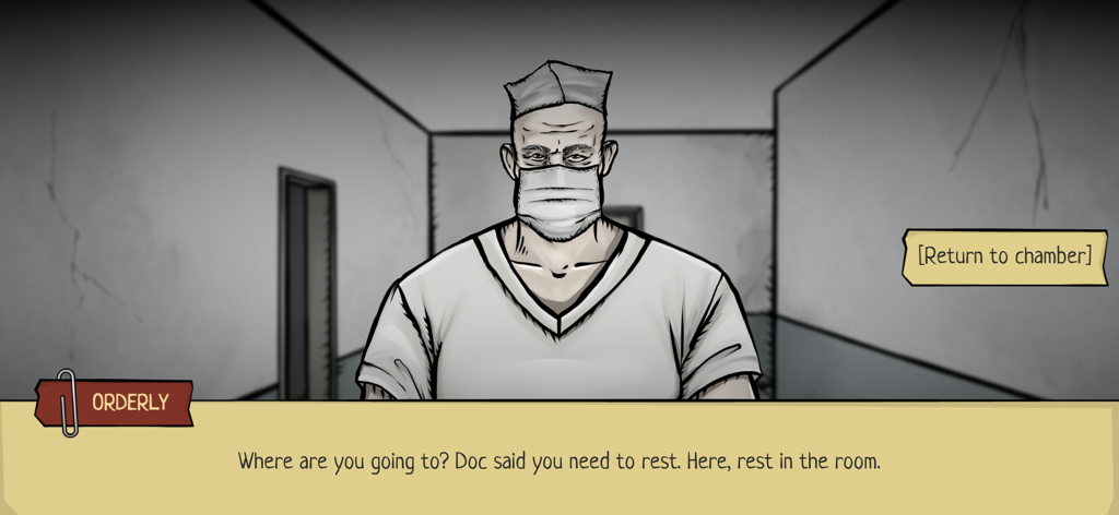 Escape Room: Strange Case 2 - Una escena de diálogo del juego de misterio Strange Case 2 con un celador enmascarado en un pasillo oscuro de un manicomio.