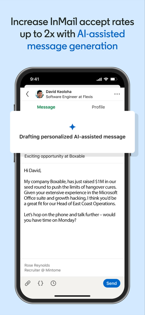 パーソナライズされたInMailの作成のための、LinkedIn RecruiterアプリのAI支援メッセージ作成機能を示すスマートフォンの画面。