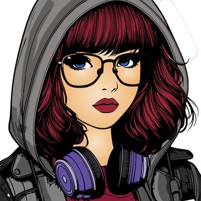 realistic teenagegirl with bangs in her hair headphones and wearing glasses and a jacket with a hoodie