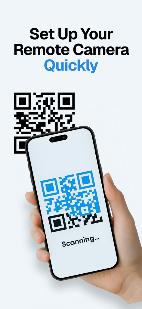 Home Security Camera - Visory - Une main tenant un smartphone pour scanner un code QR pour une configuration rapide de la caméra à distance sur l'application Visory.