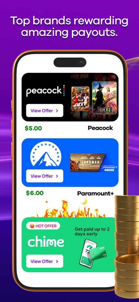 A smartphone showing cash reward offers from top brands like Peacock and Paramount Plus on the Playful Rewards app interface.