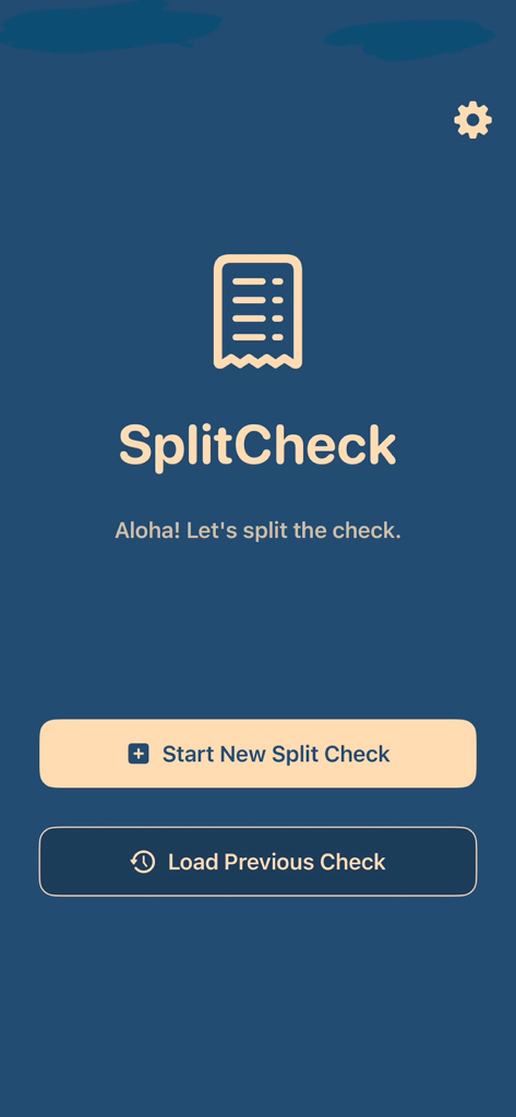 SplitCheck: Scan-Select-Split - SplitCheck app home screen with options to start a new split check or load a previous check