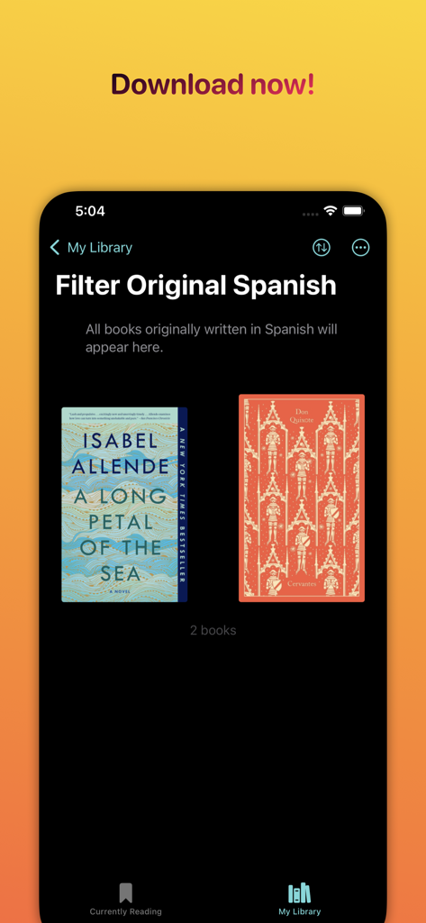 Home Library Manager - Leto - Leto app interface showing a book collection filtered by original Spanish language