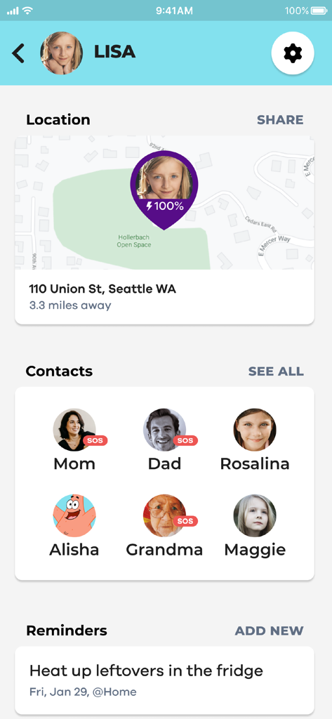 NickWatch: Parent App - Interface do App dos Pais NickWatch com um mapa GPS em tempo real, contatos familiares e uma lista de lembretes.