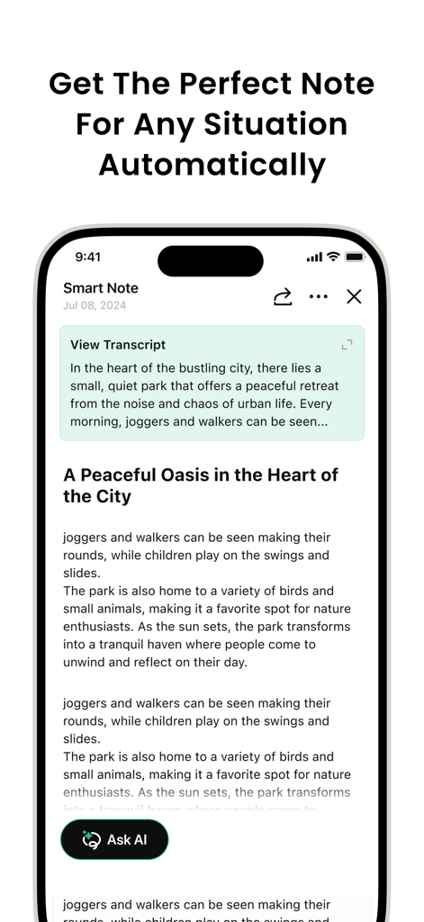 Écran de l'application VOMO affichant une note intelligente générée automatiquement par l'IA sur un iPhone